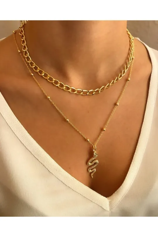 Yılan Kadın Kolye 2’li Kombin Altın Gold Renk