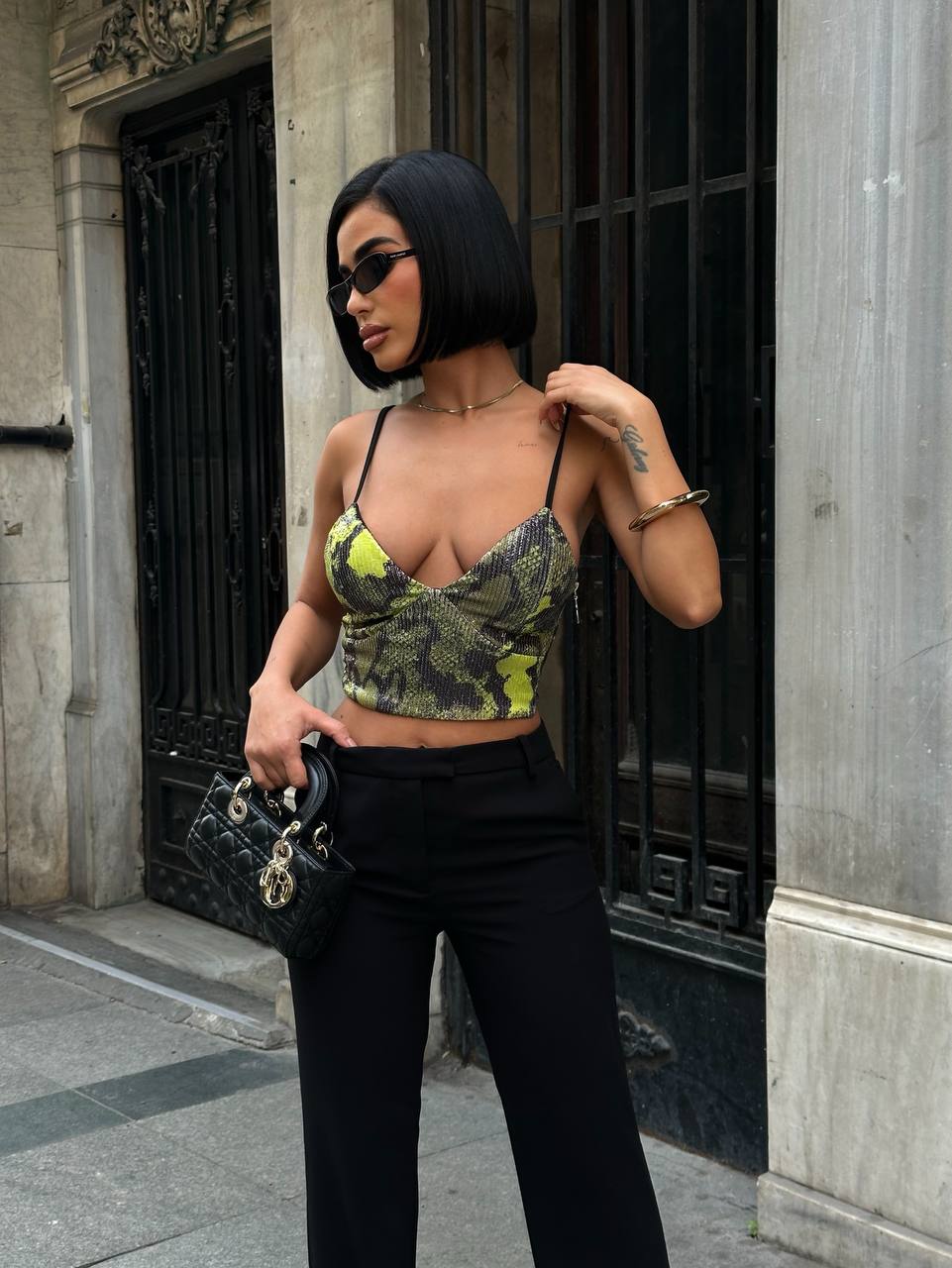 Mirelle Dijital Payet Crop - Yeşil Yılan Desen