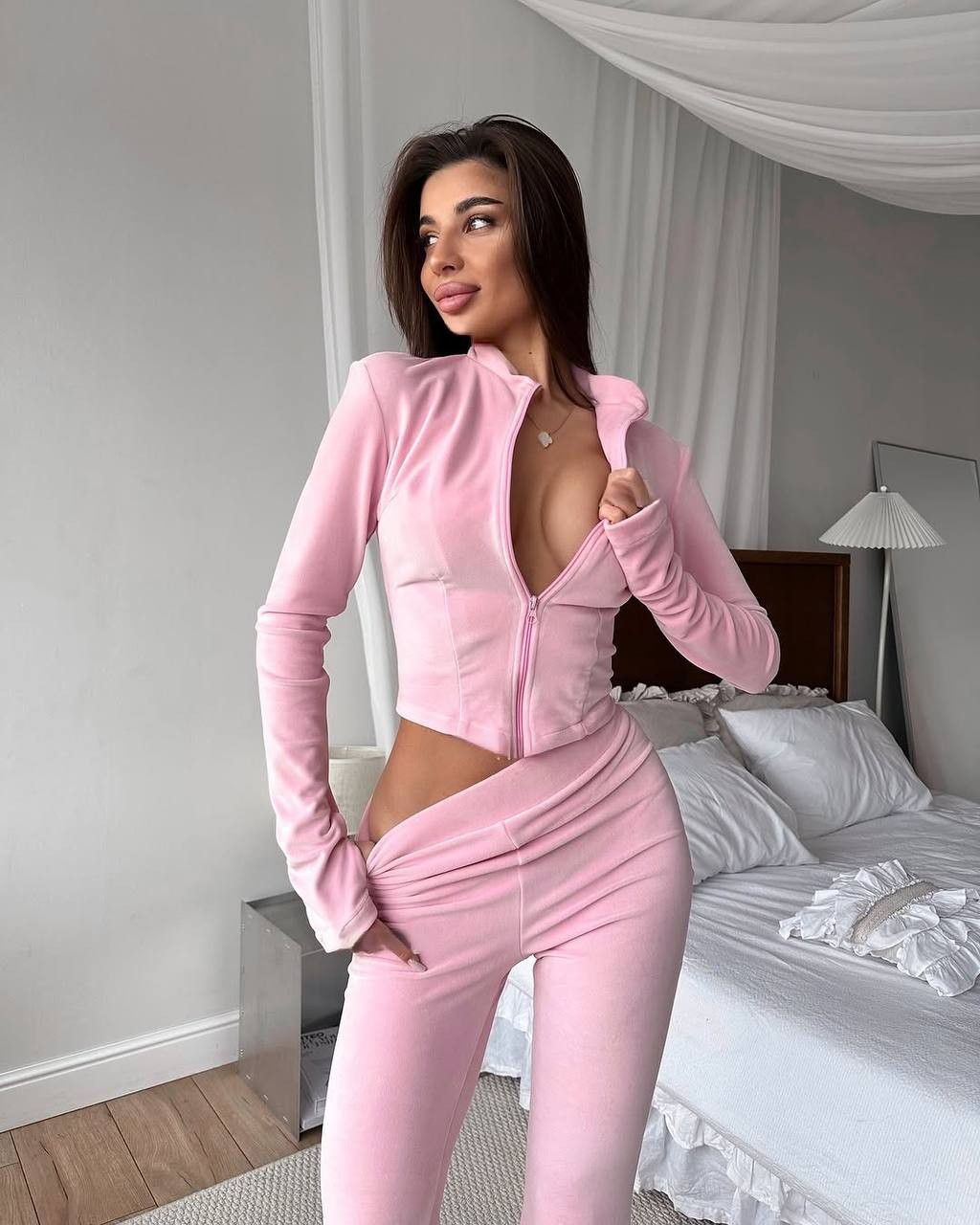 Fransız Kadife Kumaş İkili Takım - Pembe