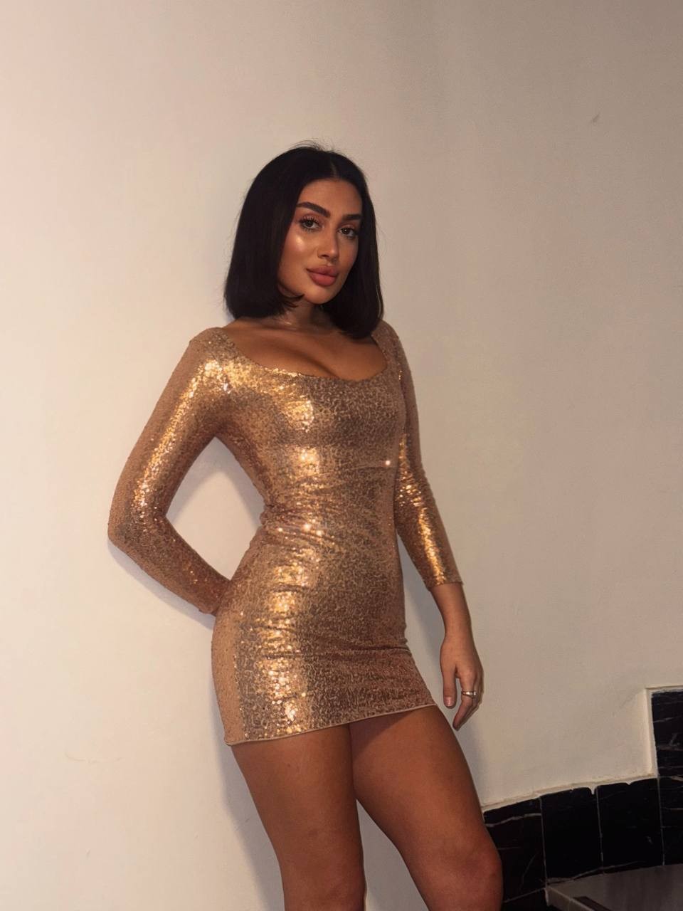 Pullu Payet Kumaş Elbise - Gold