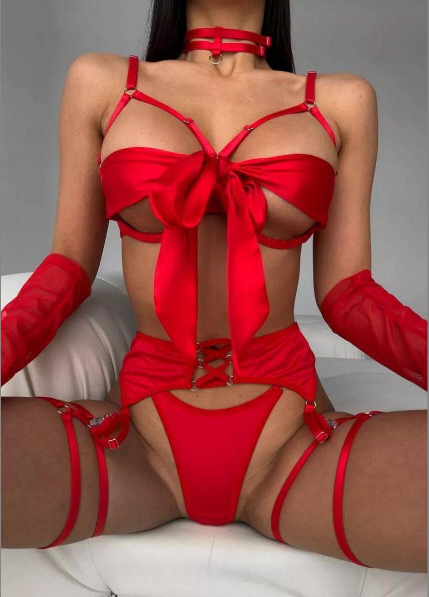 Desire Bow Eldivenli Jartiyer Takım - Kırmızı