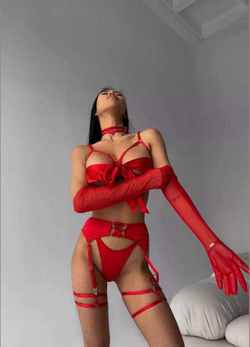 Desire Bow Eldivenli Jartiyer Takım - Kırmızı