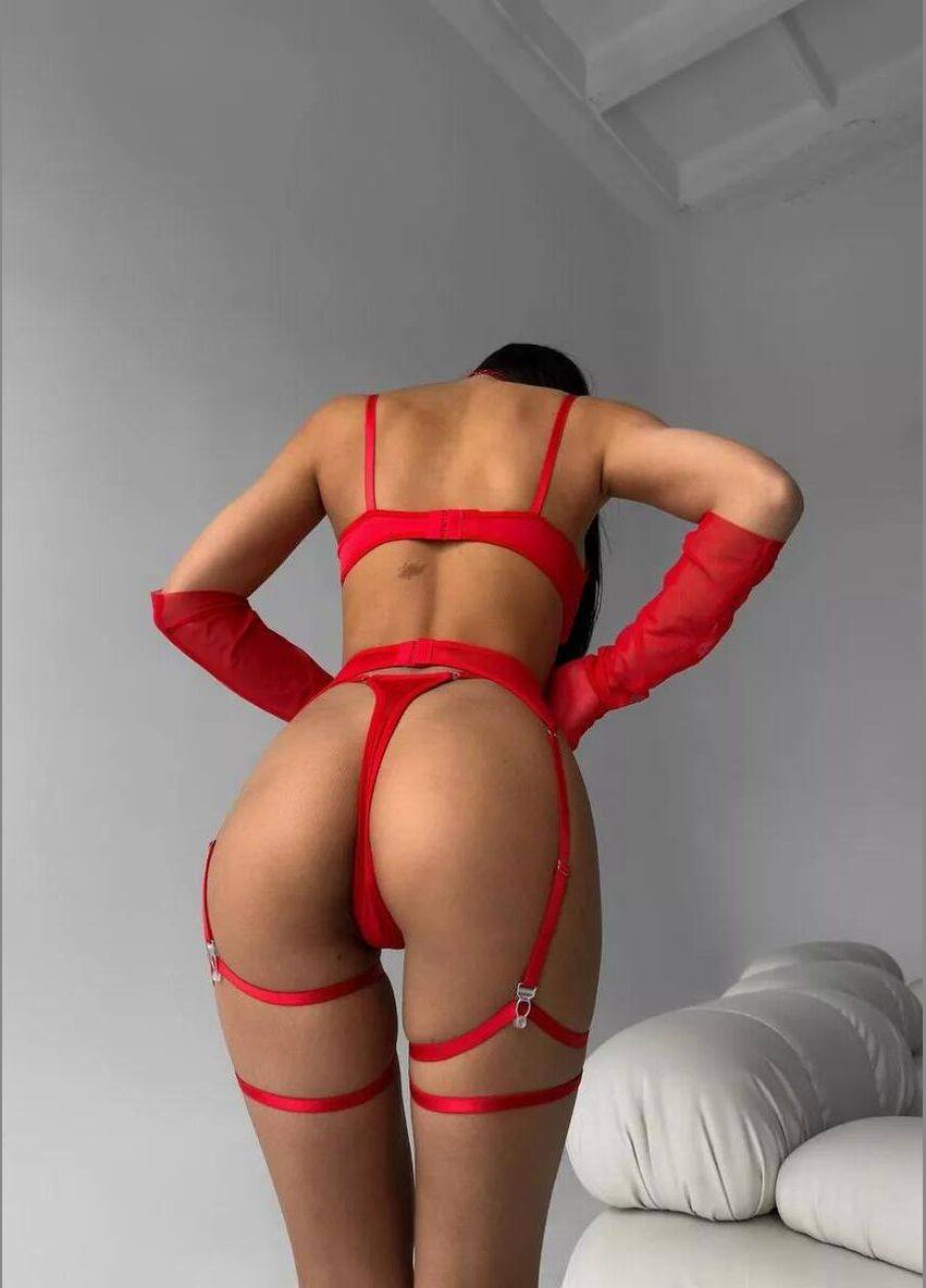 Desire Bow Eldivenli Jartiyer Takım - Kırmızı