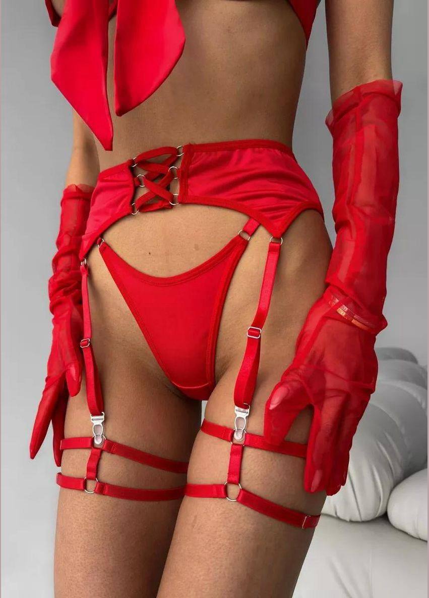 Desire Bow Eldivenli Jartiyer Takım - Kırmızı