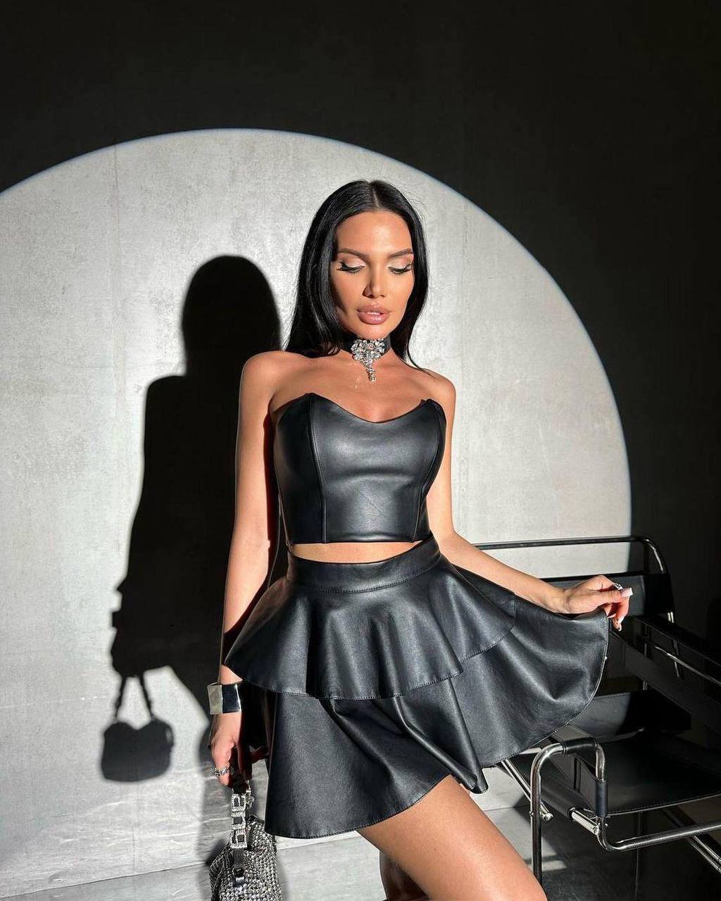 İthal Kalın Şardonlu Zara Deri & Yılan Motifli Toscana Deri Kumaş Metal Fermuarlı Büstiyer Etek Takım