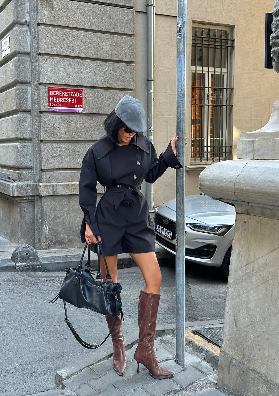 Şortlu Trenç Tulum - Siyah