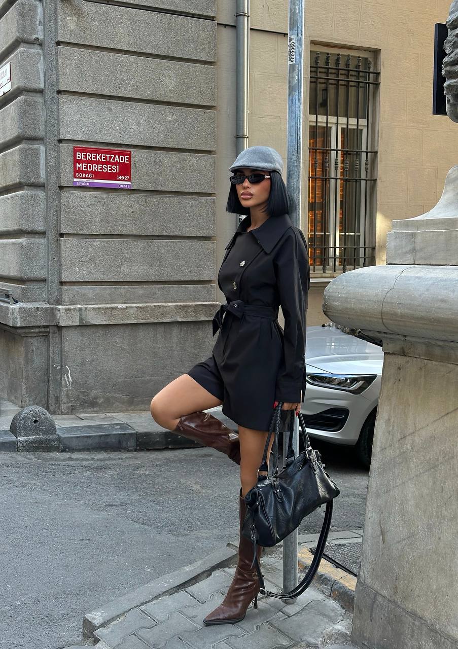 Şortlu Trenç Tulum - Siyah