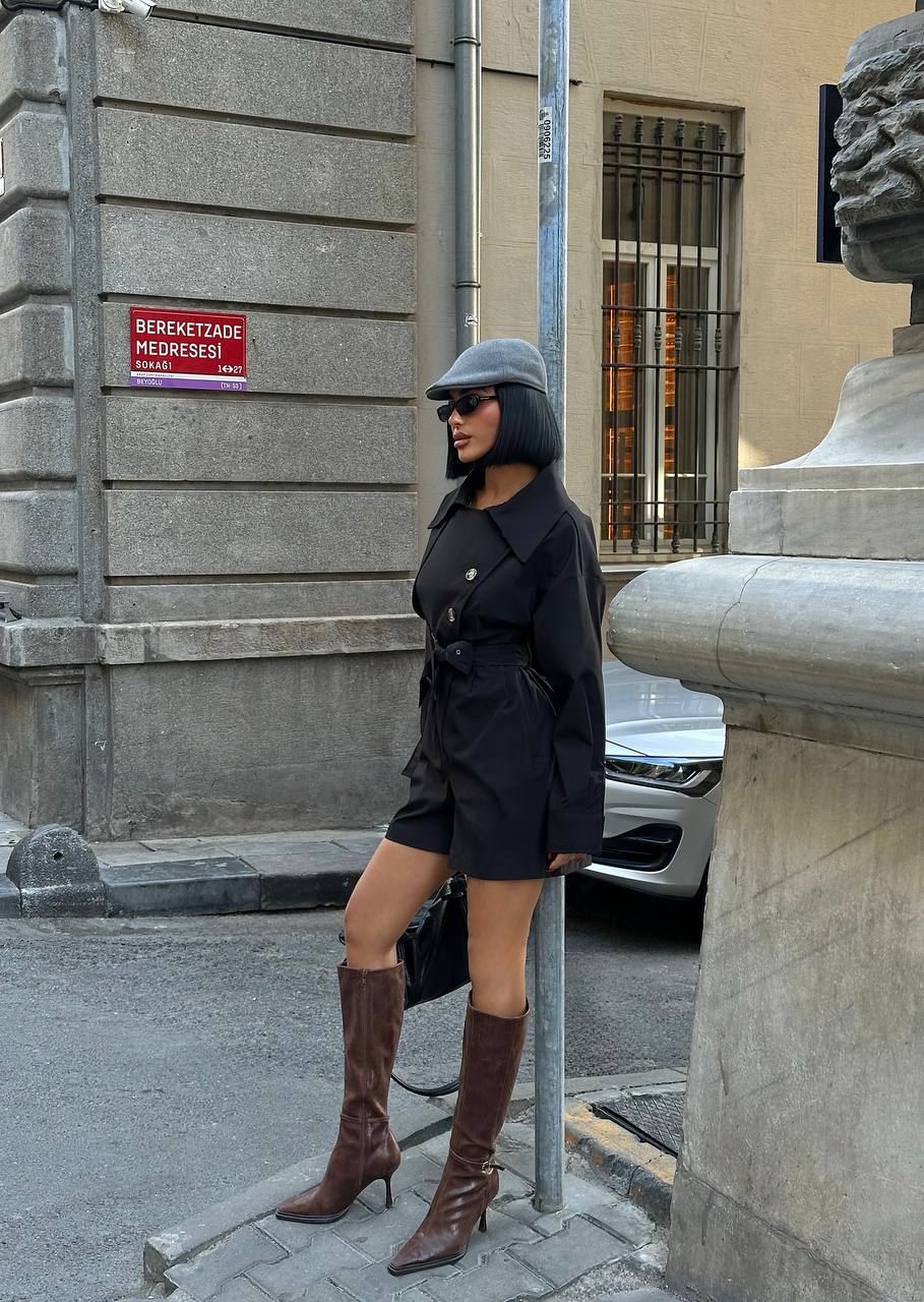 Şortlu Trenç Tulum - Siyah