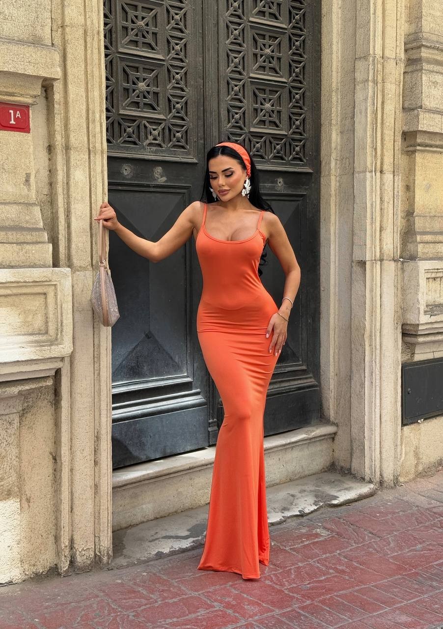 Bandana Detaylı Kristal Kumaş Balık Elbise - Turuncu