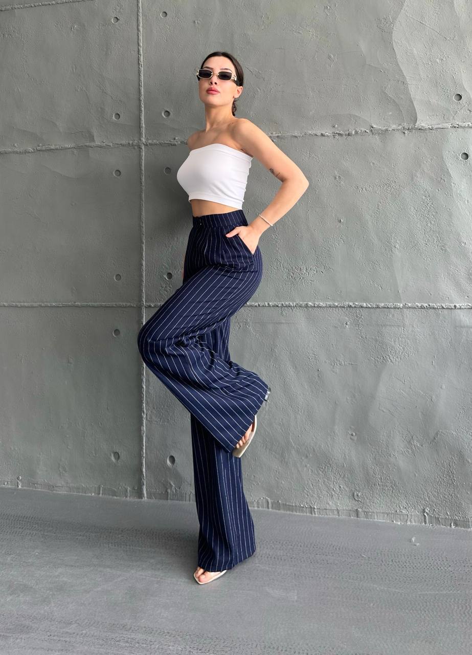 Çizgili Valensiya Detay Salaş Pantalon - Lacivert