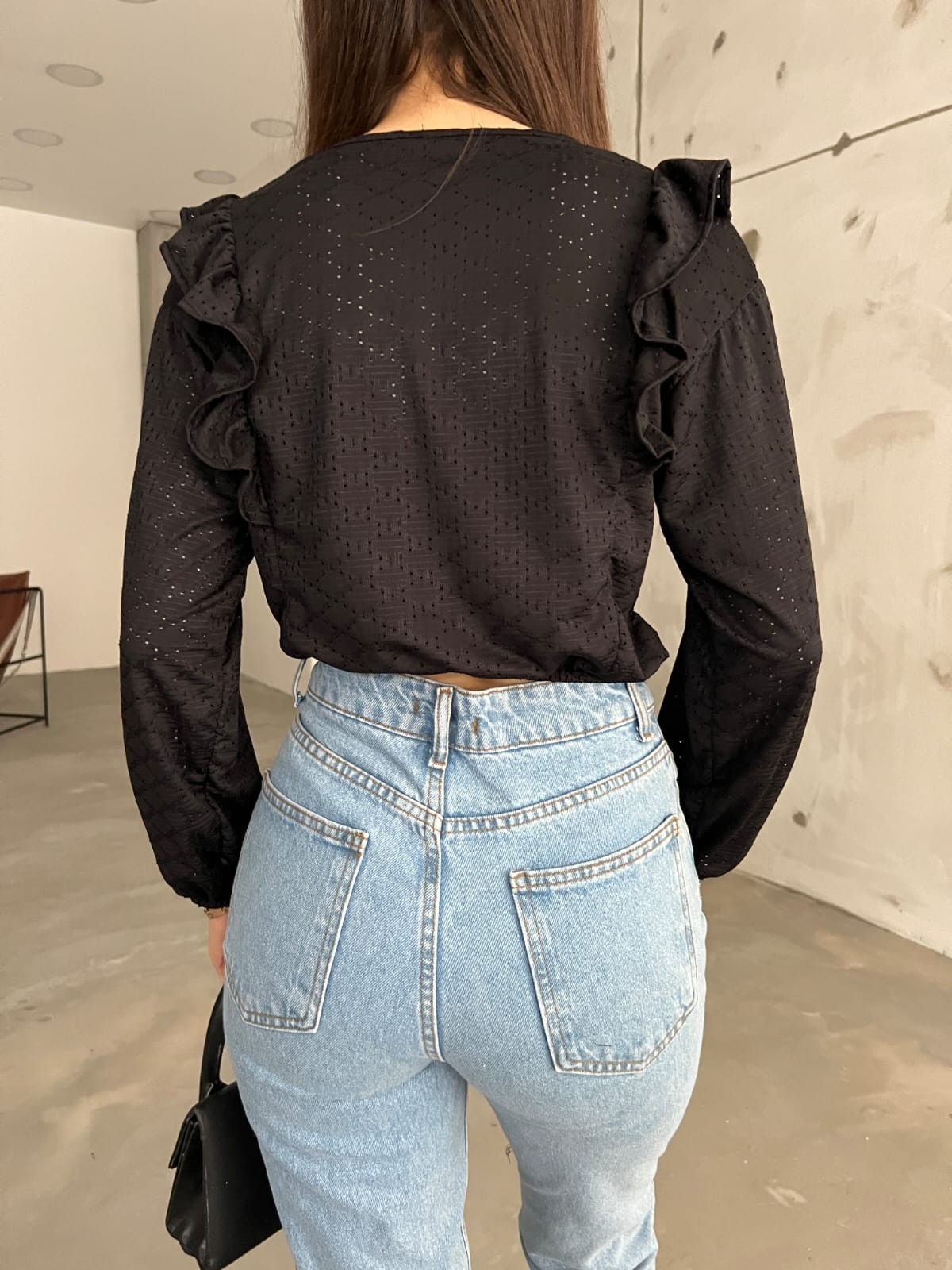 Fırfır Detaylı Baklava Desenli Beli Lastikli Crop Bluz