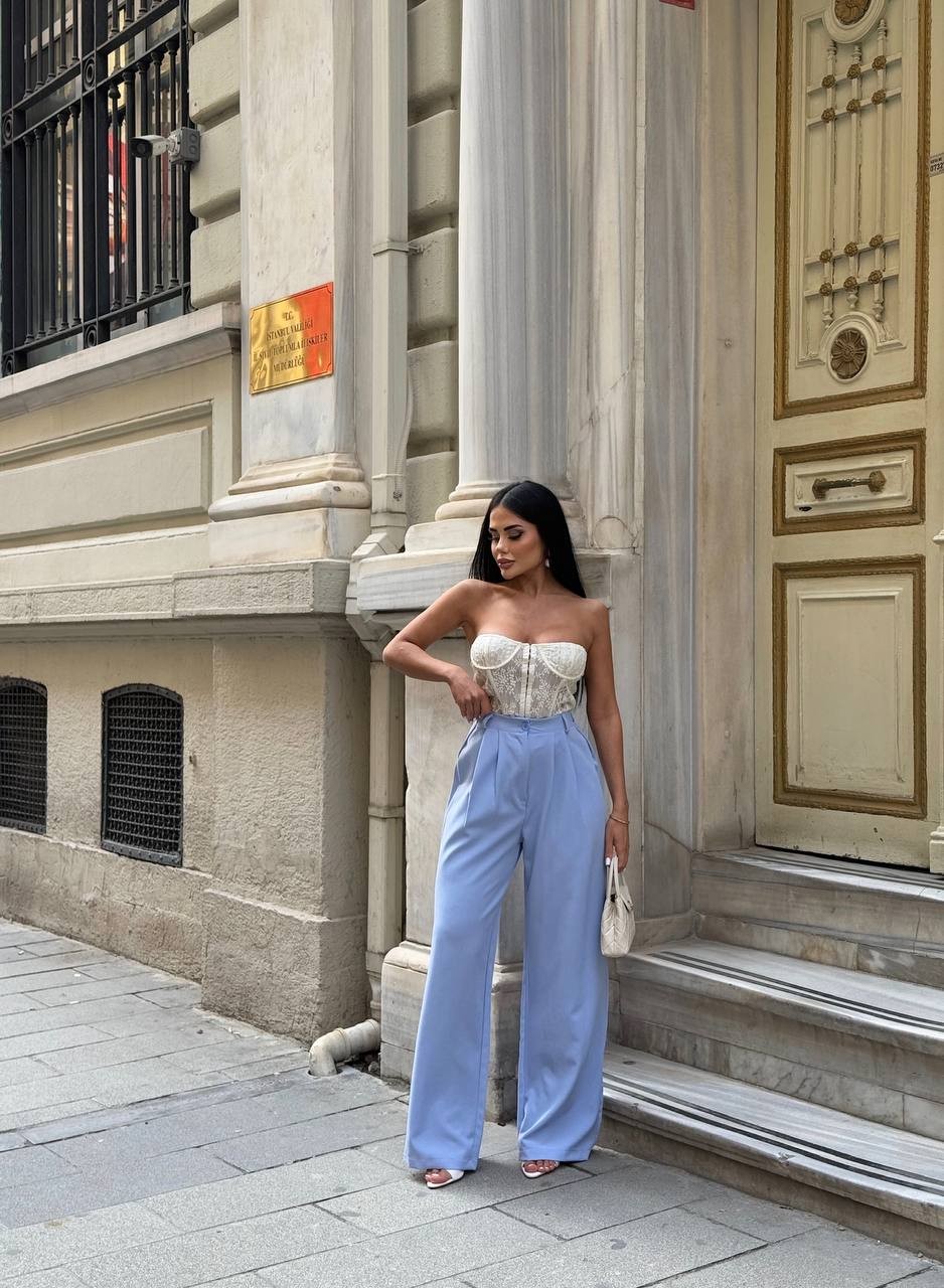 Yanları Düğme Detaylı Salaş Palazzo Pantolon - Bebe Mavi