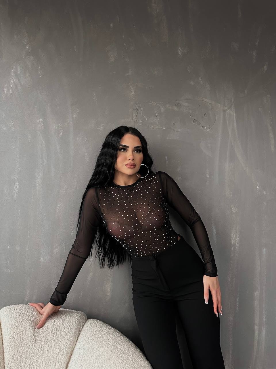 Taşlı Transparan Bodysuit - Siyah