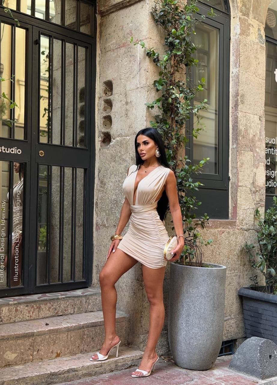 Çok Yönlü Bağlanabilir Kristal Kumaş Elbise - Krem