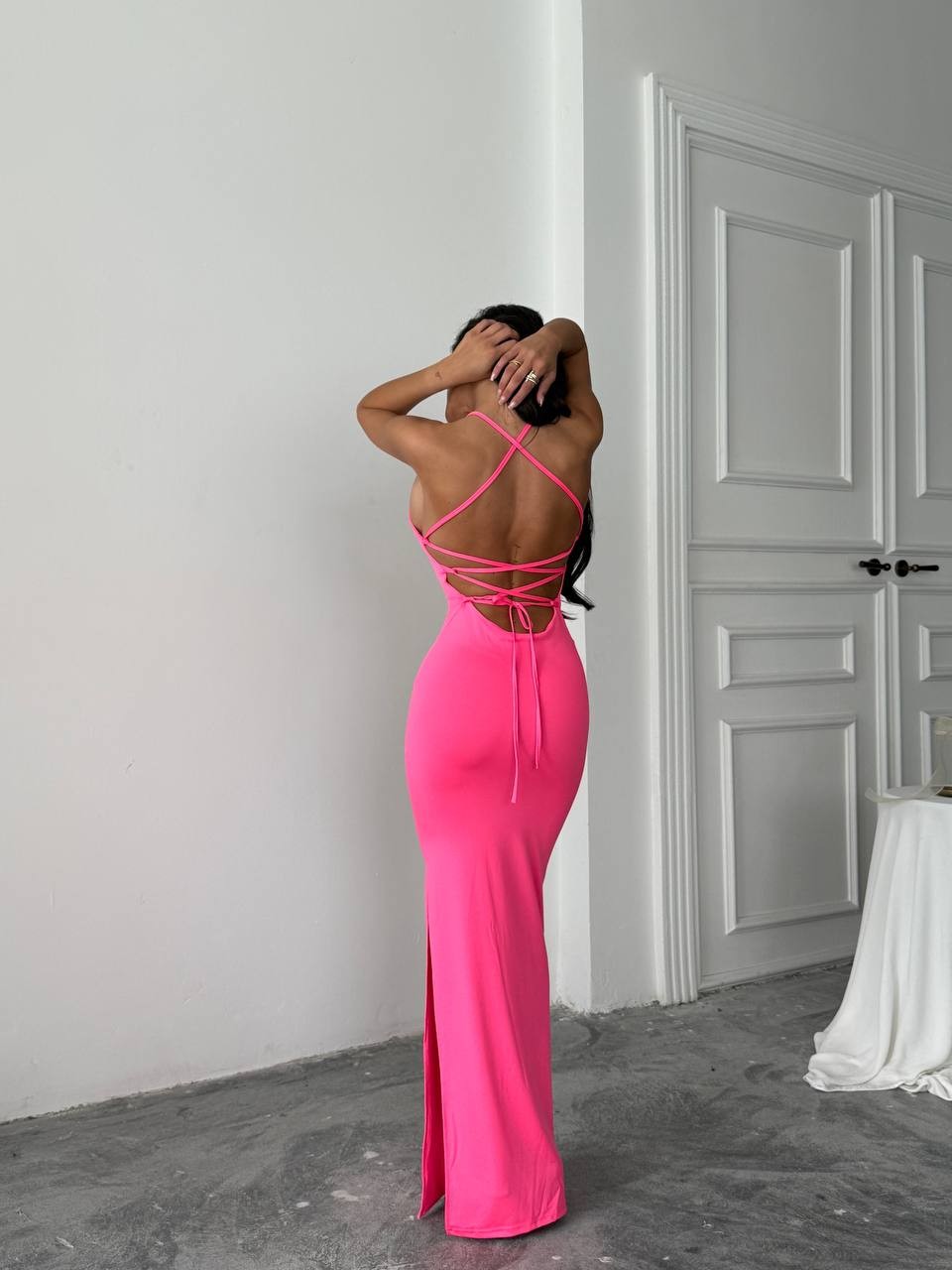 Sırt Dekolteli Maxi Elbise - Pembe