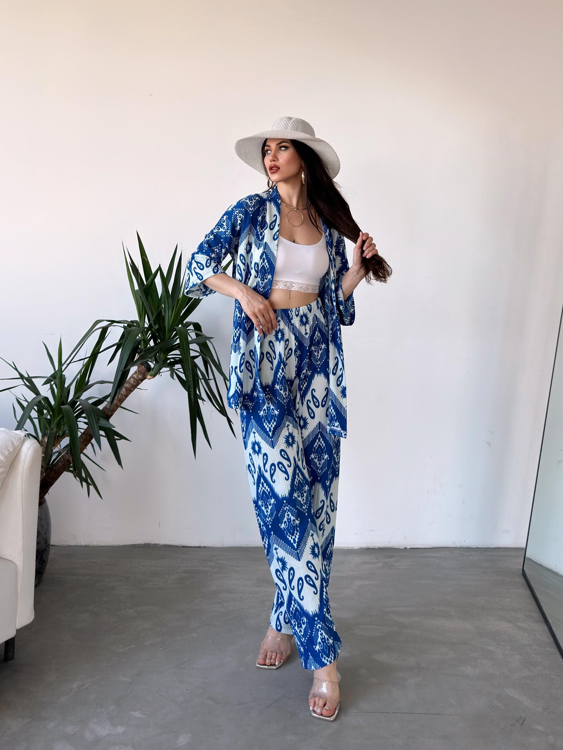 Desenli Kimono Ve Pantolon İkili Takım