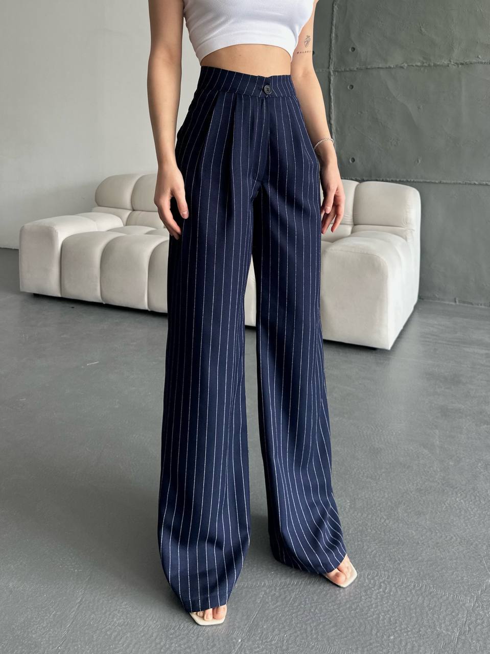 Çizgili Valensiya Detay Salaş Pantalon - Lacivert