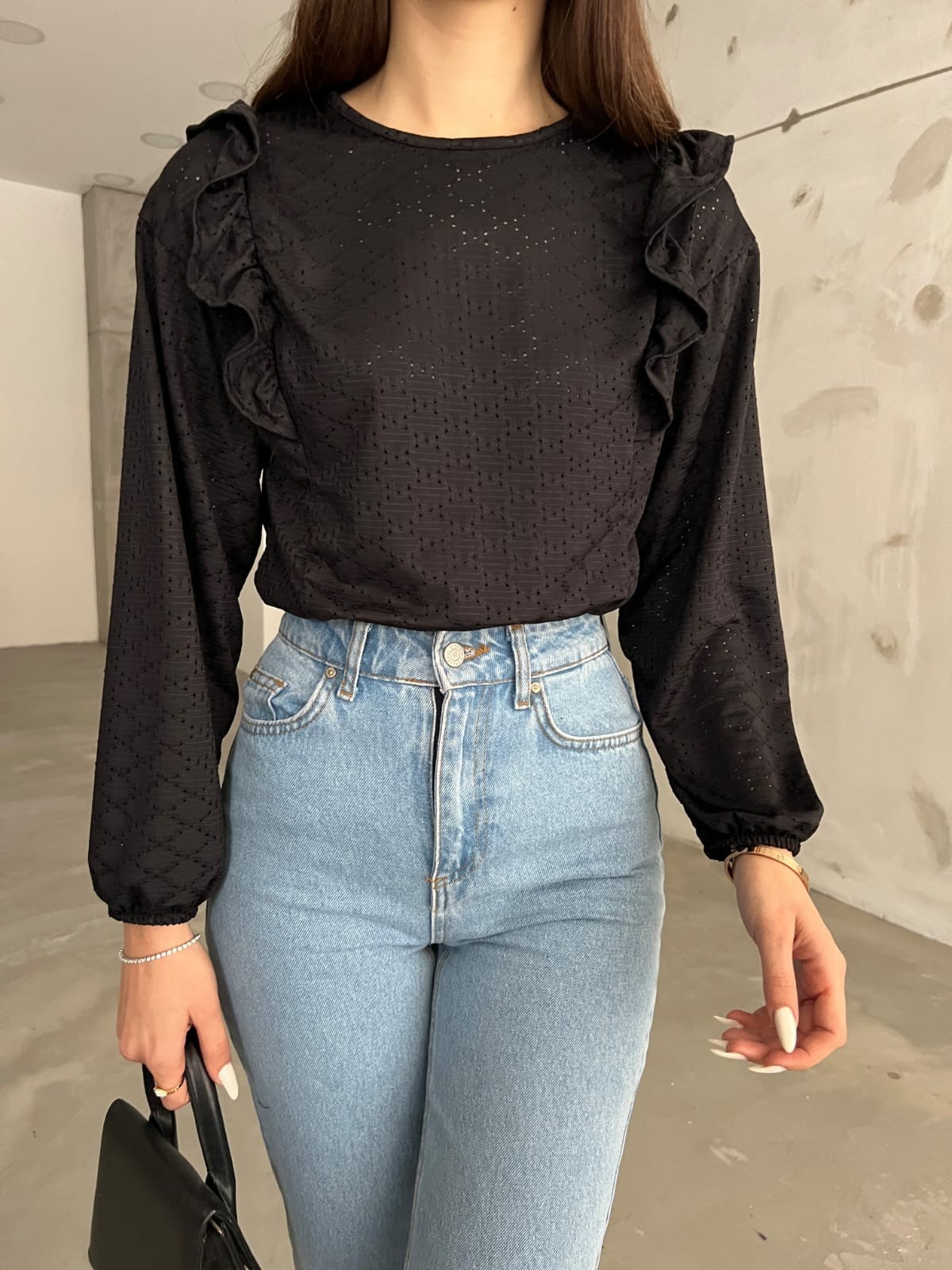 Fırfır Detaylı Baklava Desenli Beli Lastikli Crop Bluz