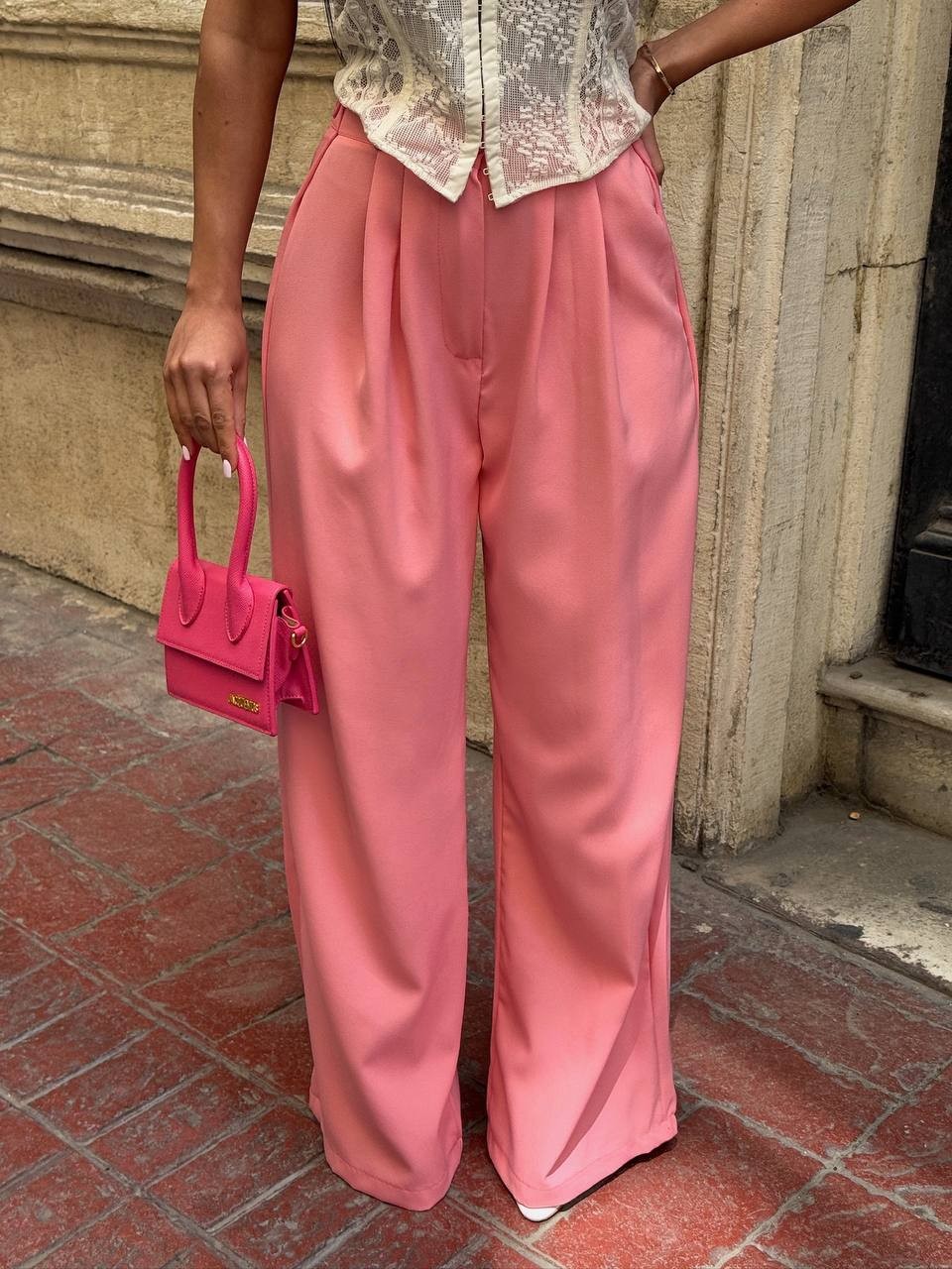 Yanları Düğme Detaylı Salaş Palazzo Pantolon - Pembe