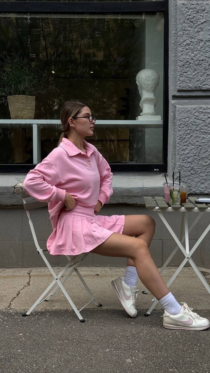 Şortlu Üç İplik Pamuk Kumaş Etek Takım - Pembe