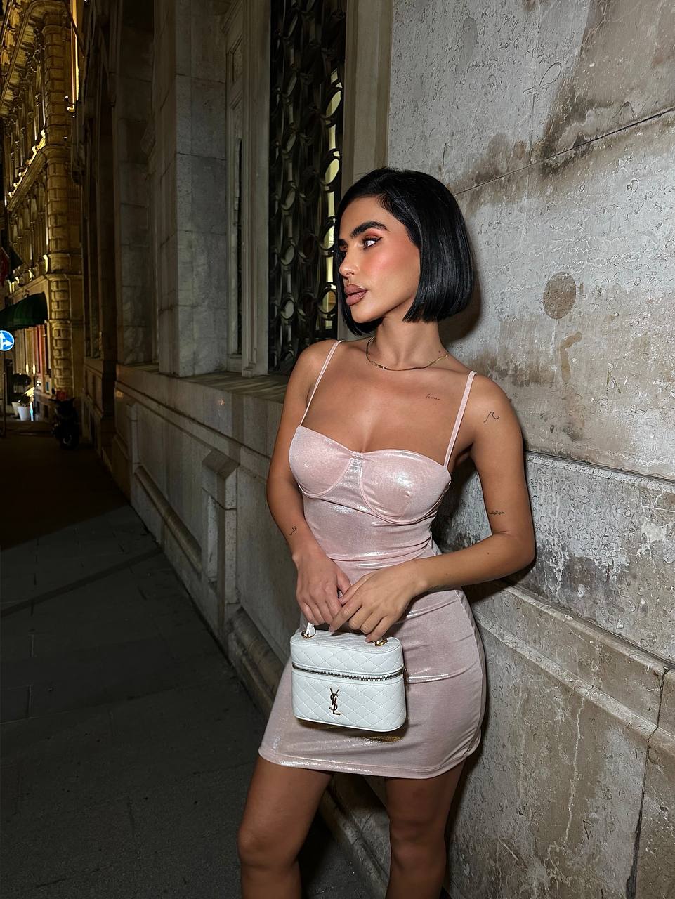 Tahlia Gloss Elbise - Pudra