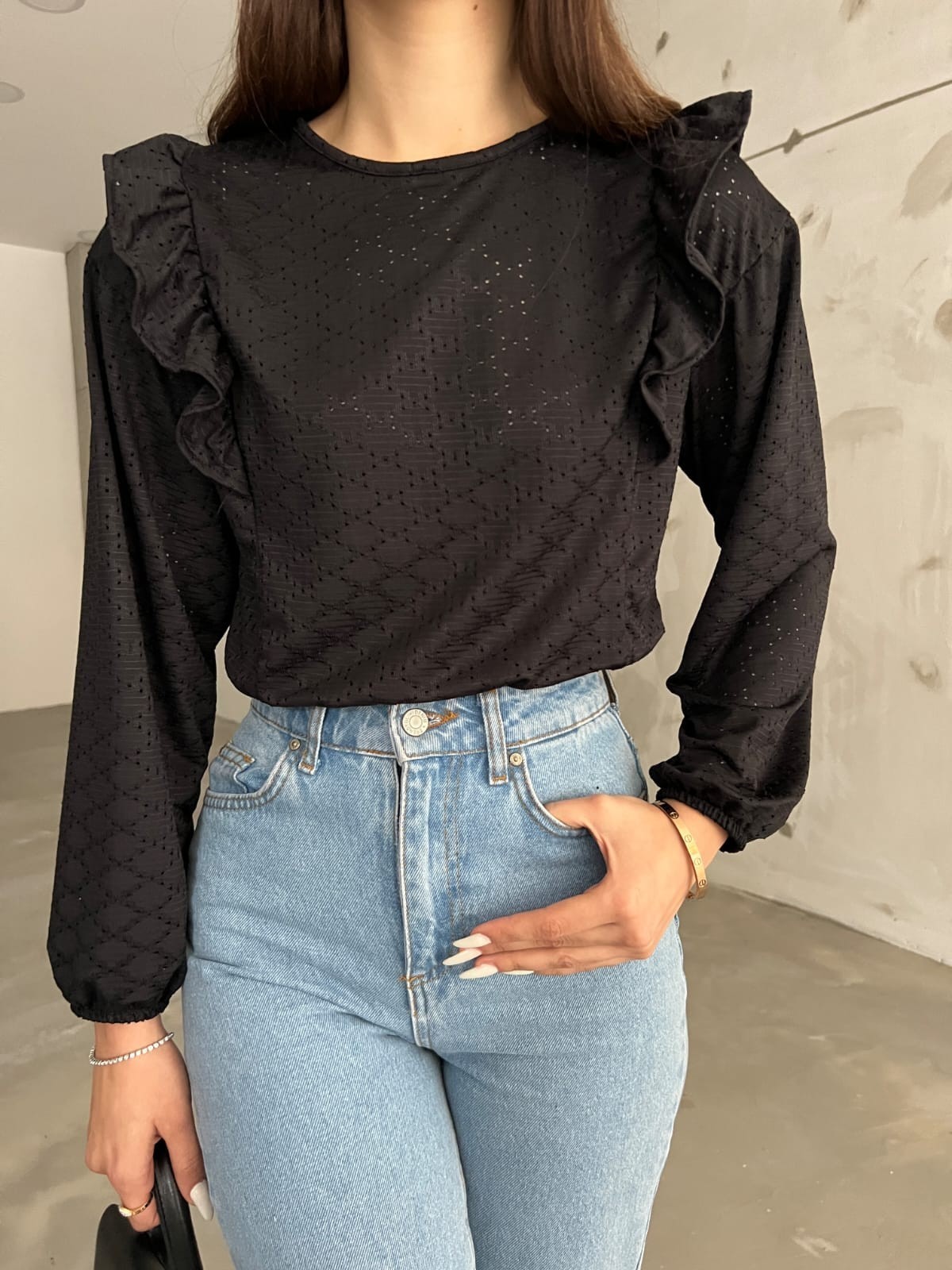 Fırfır Detaylı Baklava Desenli Beli Lastikli Crop Bluz