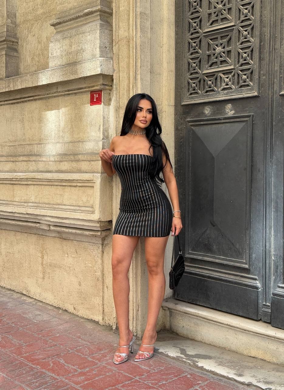 Zirkonyum Taşlı Mini Boy Straplez Elbise - Siyah