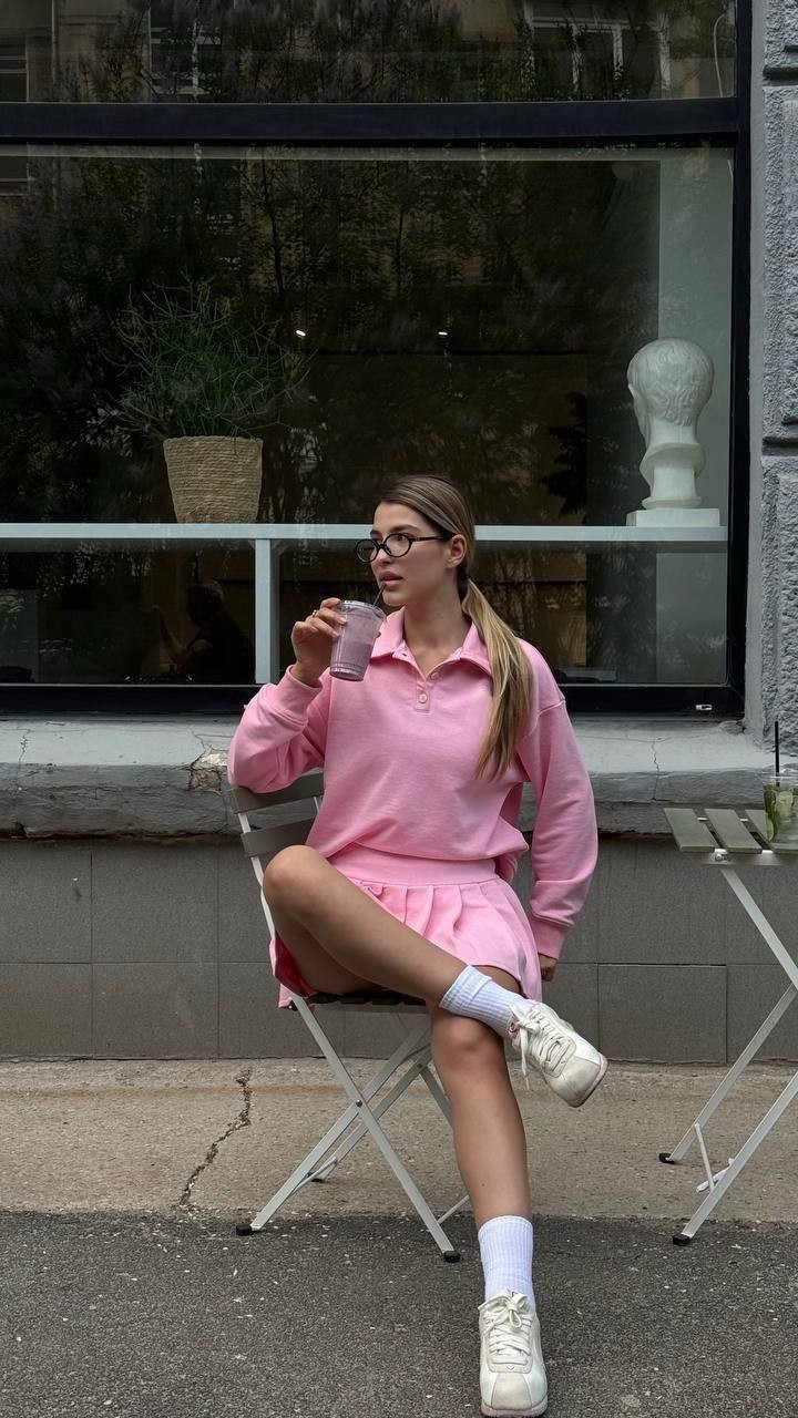 Şortlu Üç İplik Pamuk Kumaş Etek Takım - Pembe