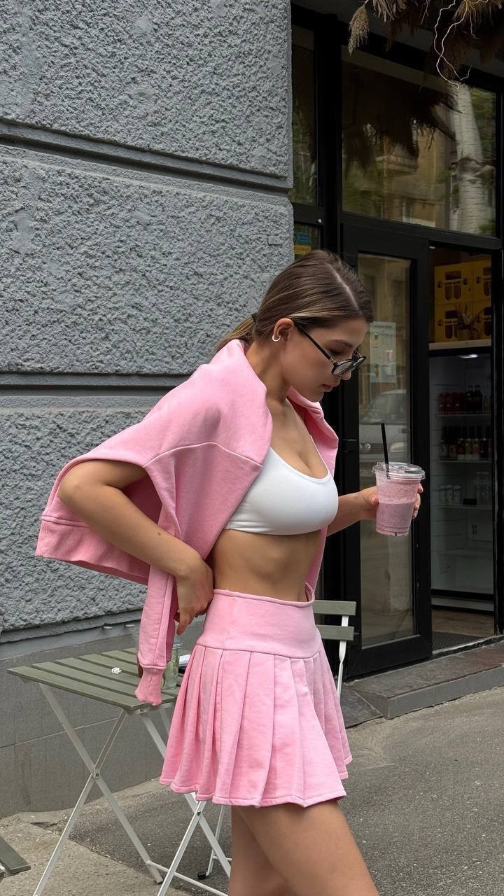 Şortlu Üç İplik Pamuk Kumaş Etek Takım - Pembe