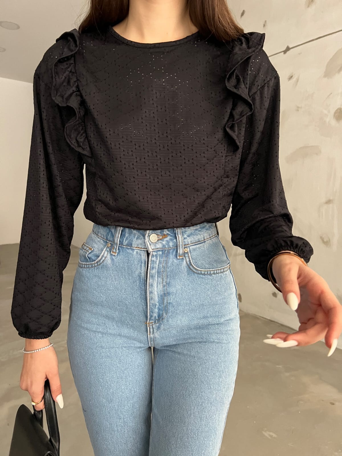 Fırfır Detaylı Baklava Desenli Beli Lastikli Crop Bluz