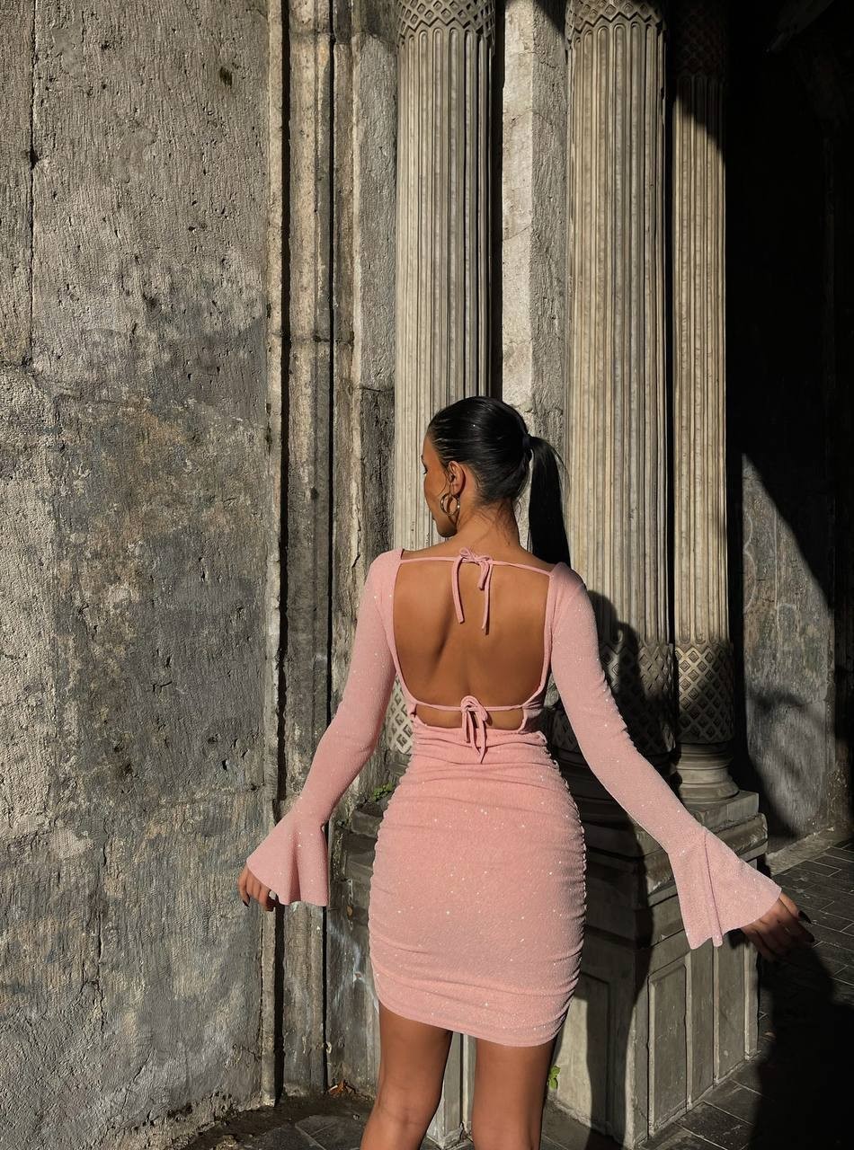 İspanyol Kol Büzgülü Mini Elbise - Pembe