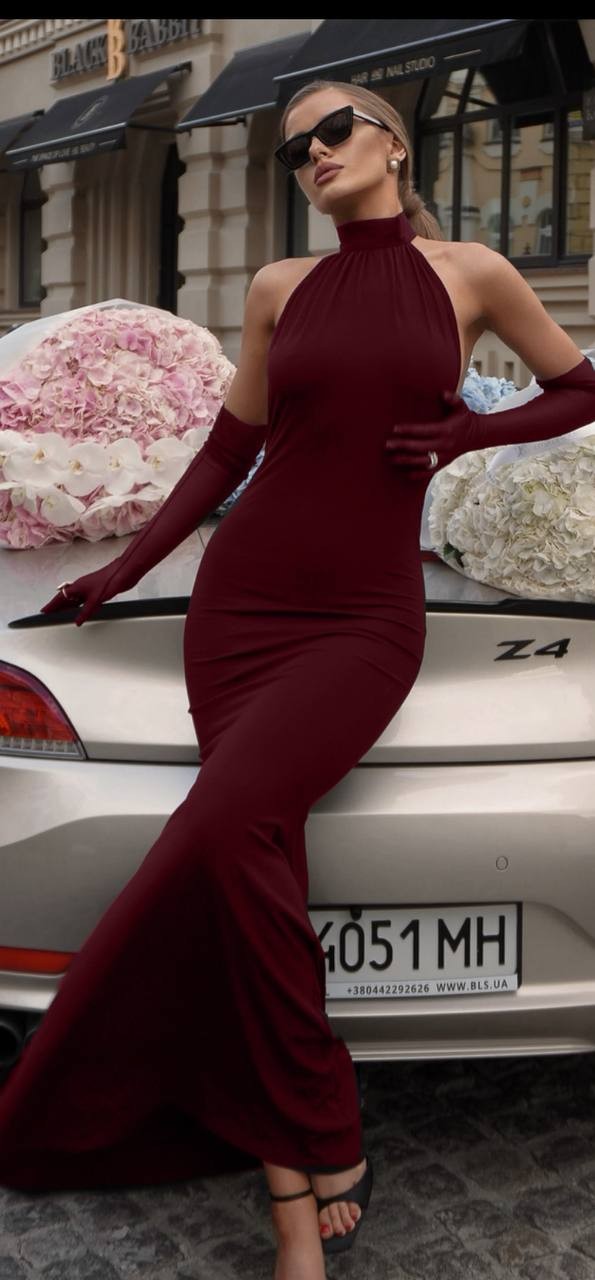 Eldivenli Sandy Kumaş Elbise - Bordo