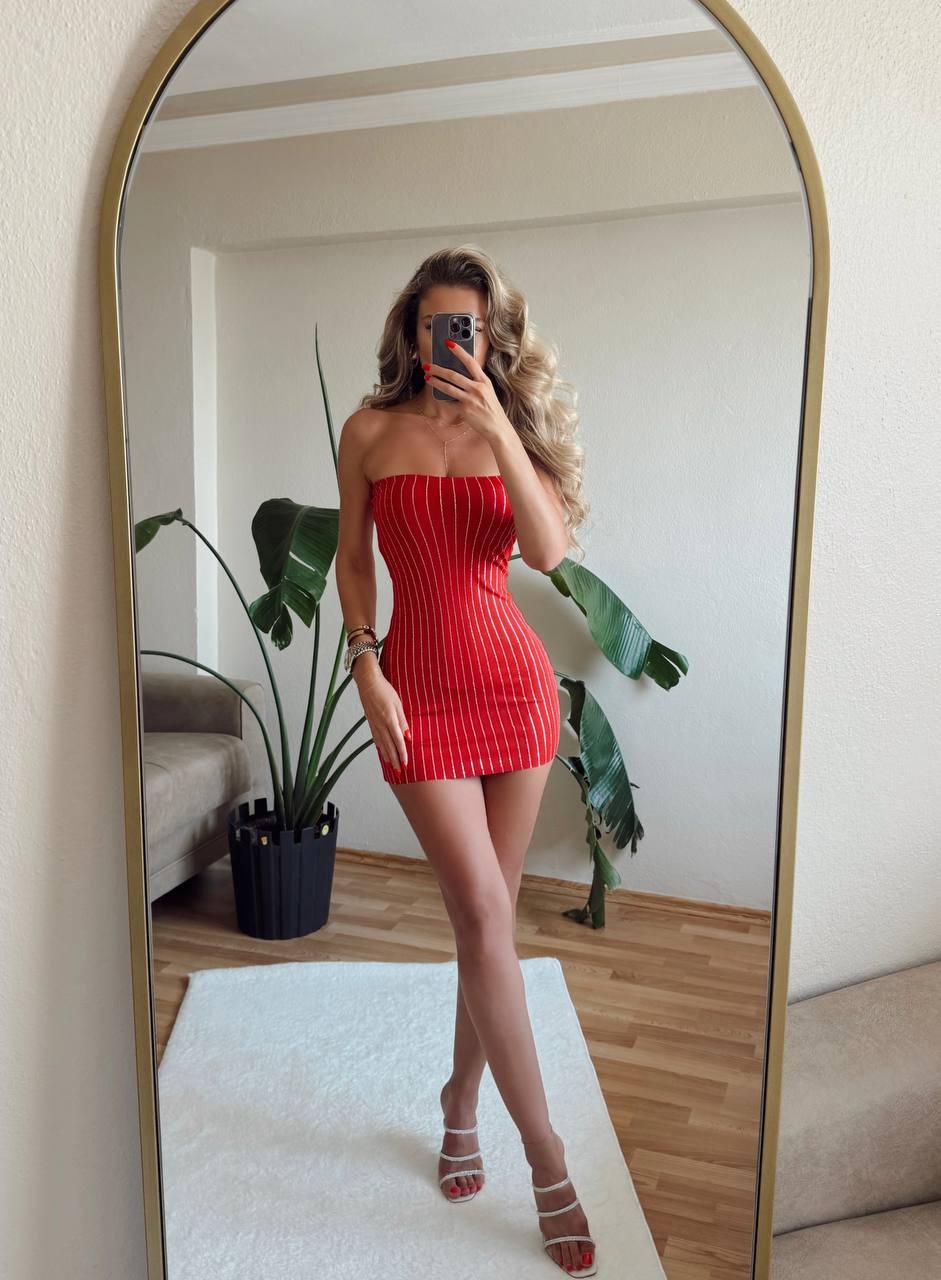 Zirkonyum Taşlı Mini Boy Straplez Elbise - Kırmızı
