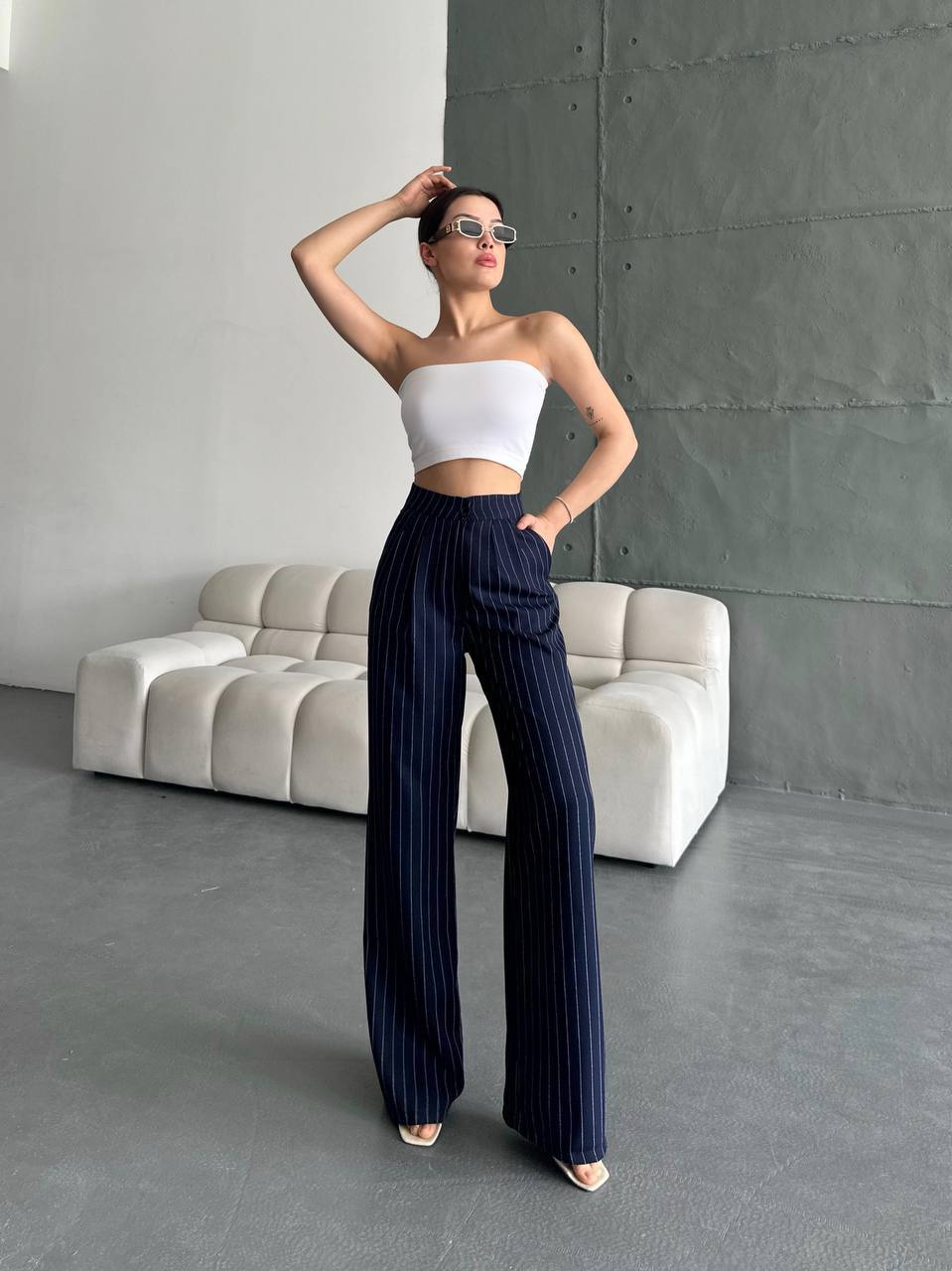 Çizgili Valensiya Detay Salaş Pantalon - Lacivert