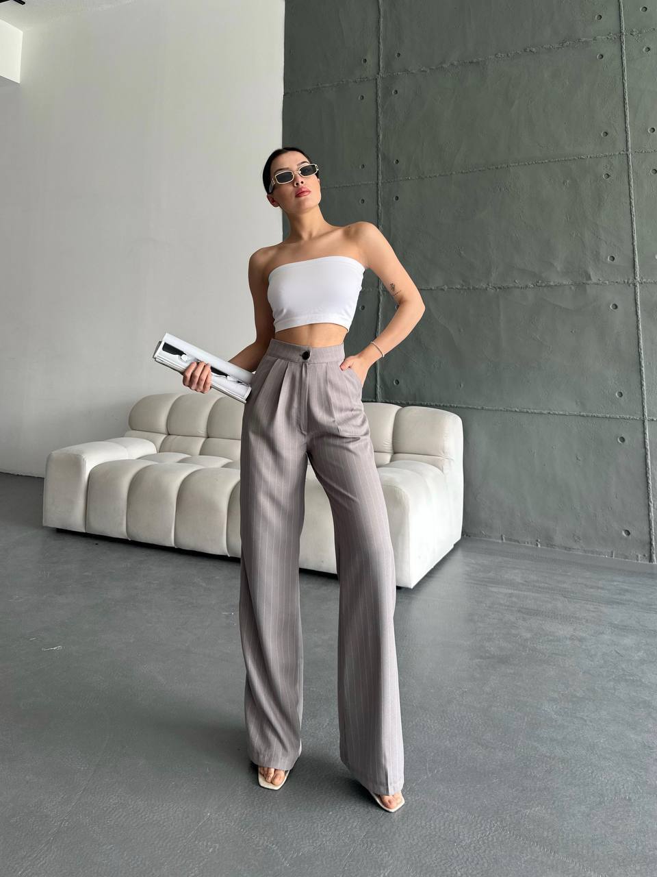 Çizgili Valensiya Detay Salaş Pantalon - Gri