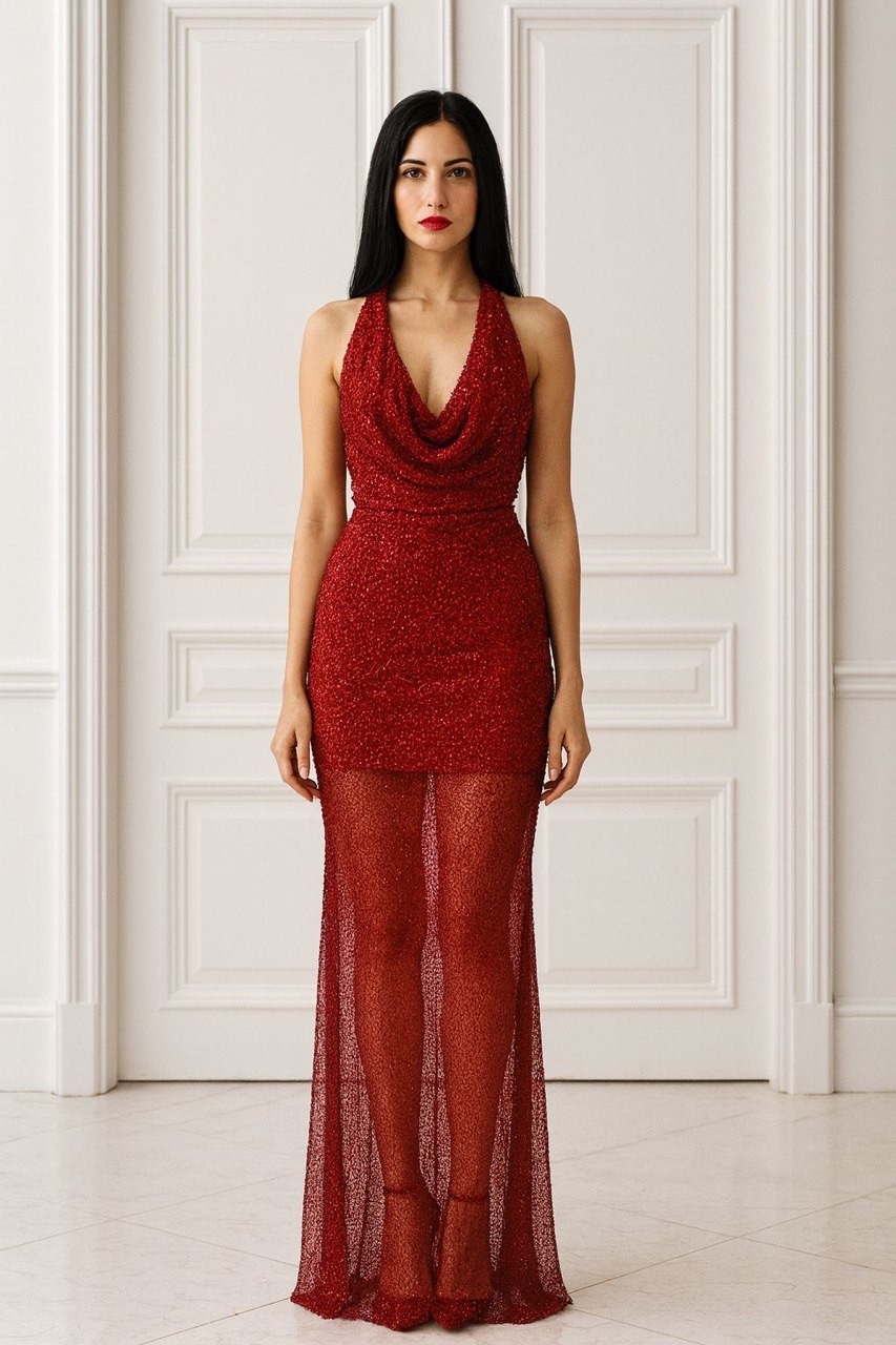 Zara Boncuk Payet Astarlı Degaje Elbise - Kırmızı
