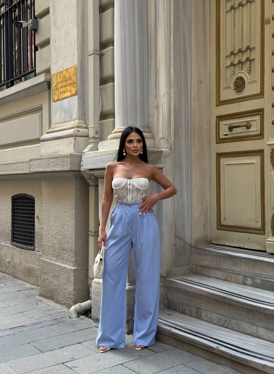 Yanları Düğme Detaylı Salaş Palazzo Pantolon - Bebe Mavi