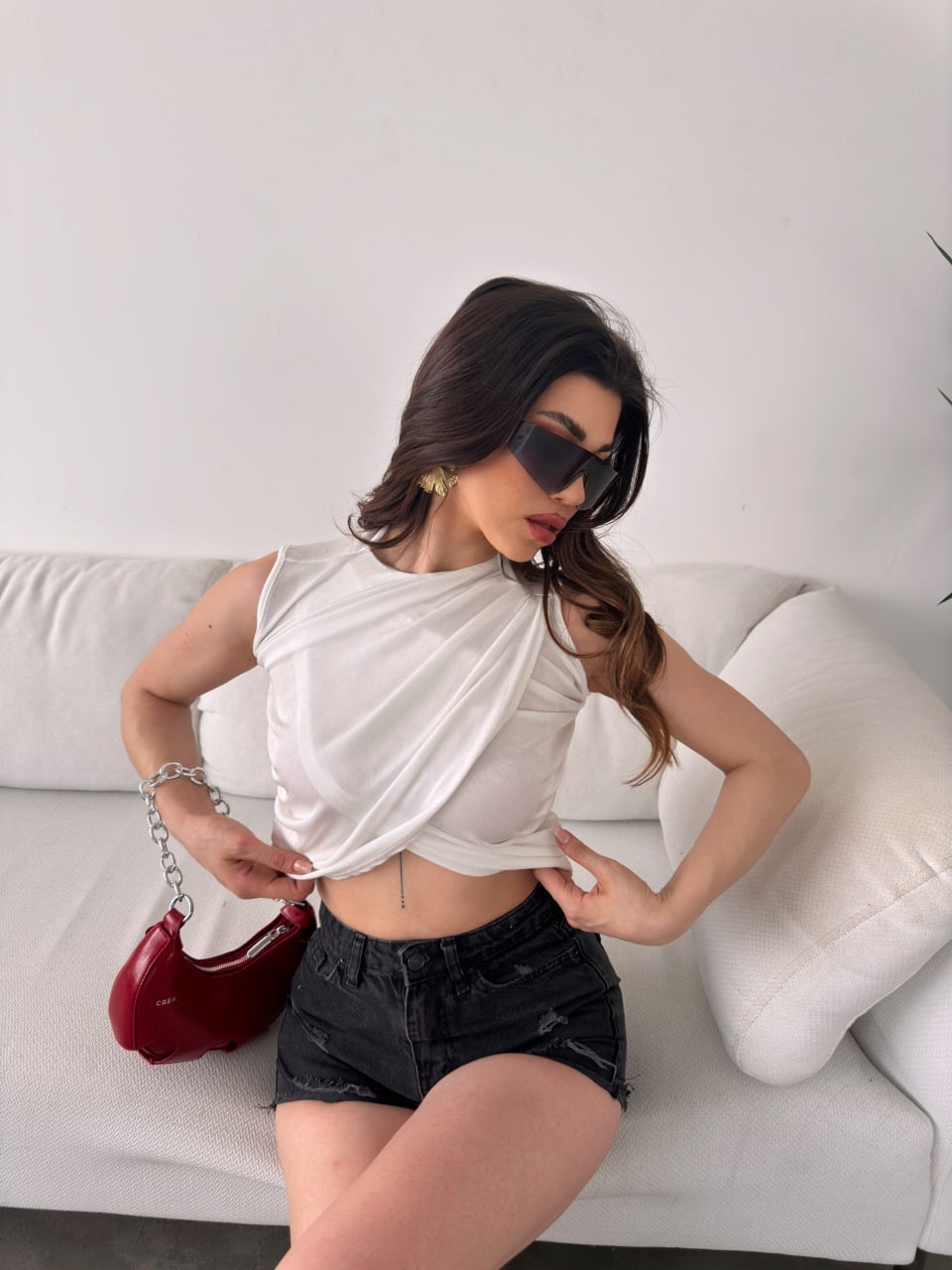 Anvelop Yaka Kolsuz Crop Bluz
