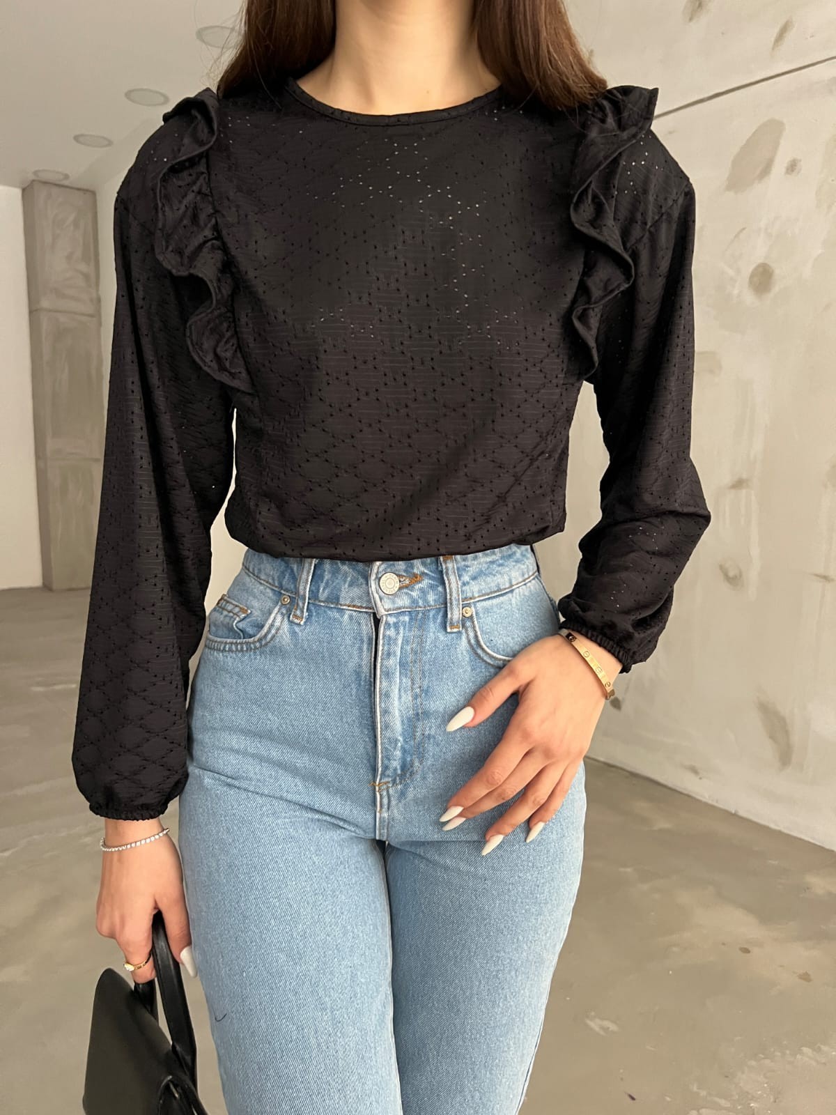 Fırfır Detaylı Baklava Desenli Beli Lastikli Crop Bluz