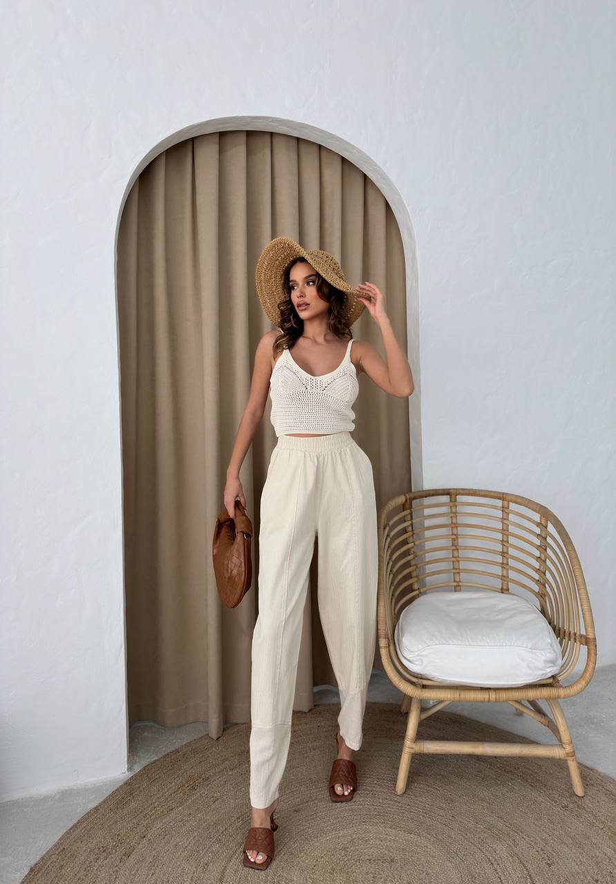Paçası Garnili Keten Pantolon - Ekru