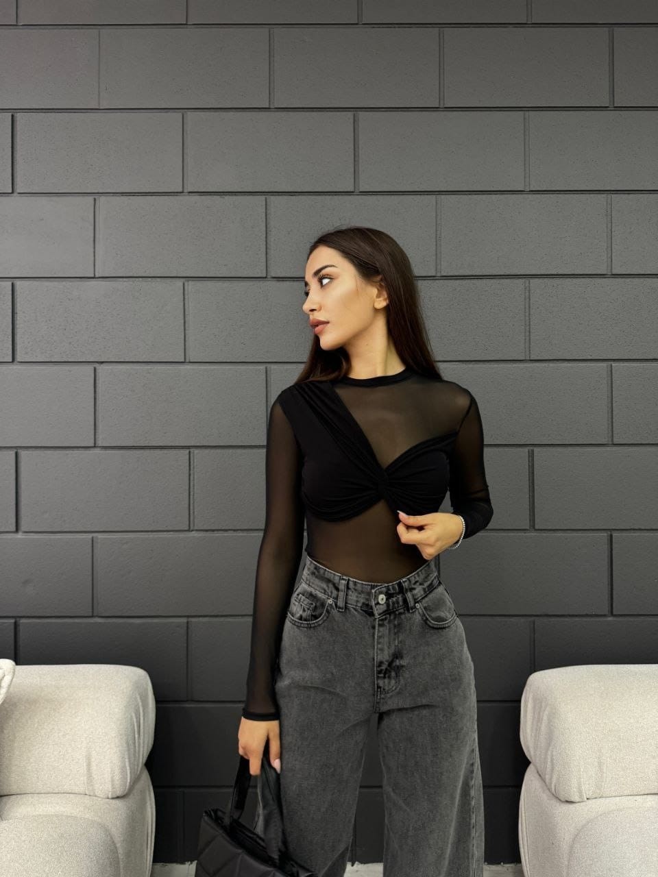 Bisiklet Yaka Tül Detaylı Sandy Bluz