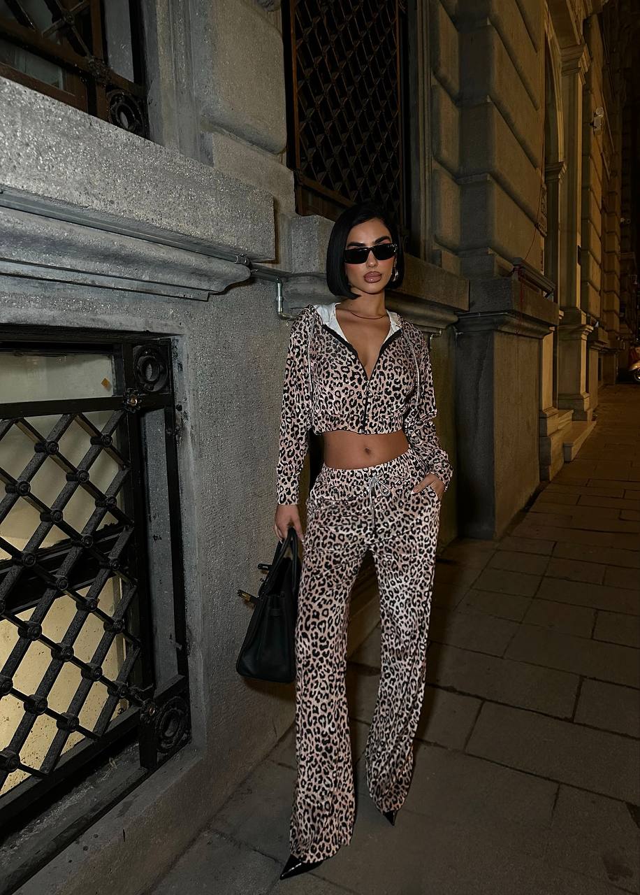 Alessya Taşlı Kadife Takım - Leopar