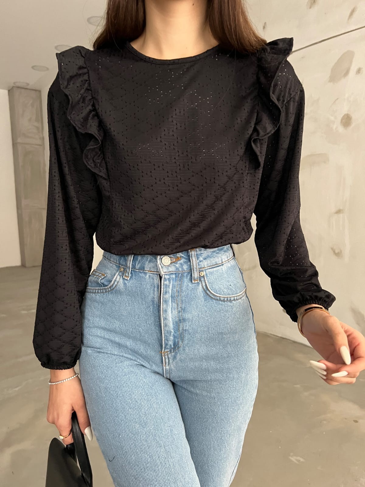 Fırfır Detaylı Baklava Desenli Beli Lastikli Crop Bluz