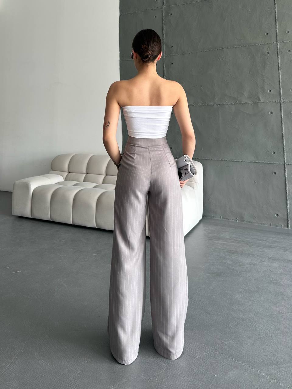 Çizgili Valensiya Detay Salaş Pantalon - Gri