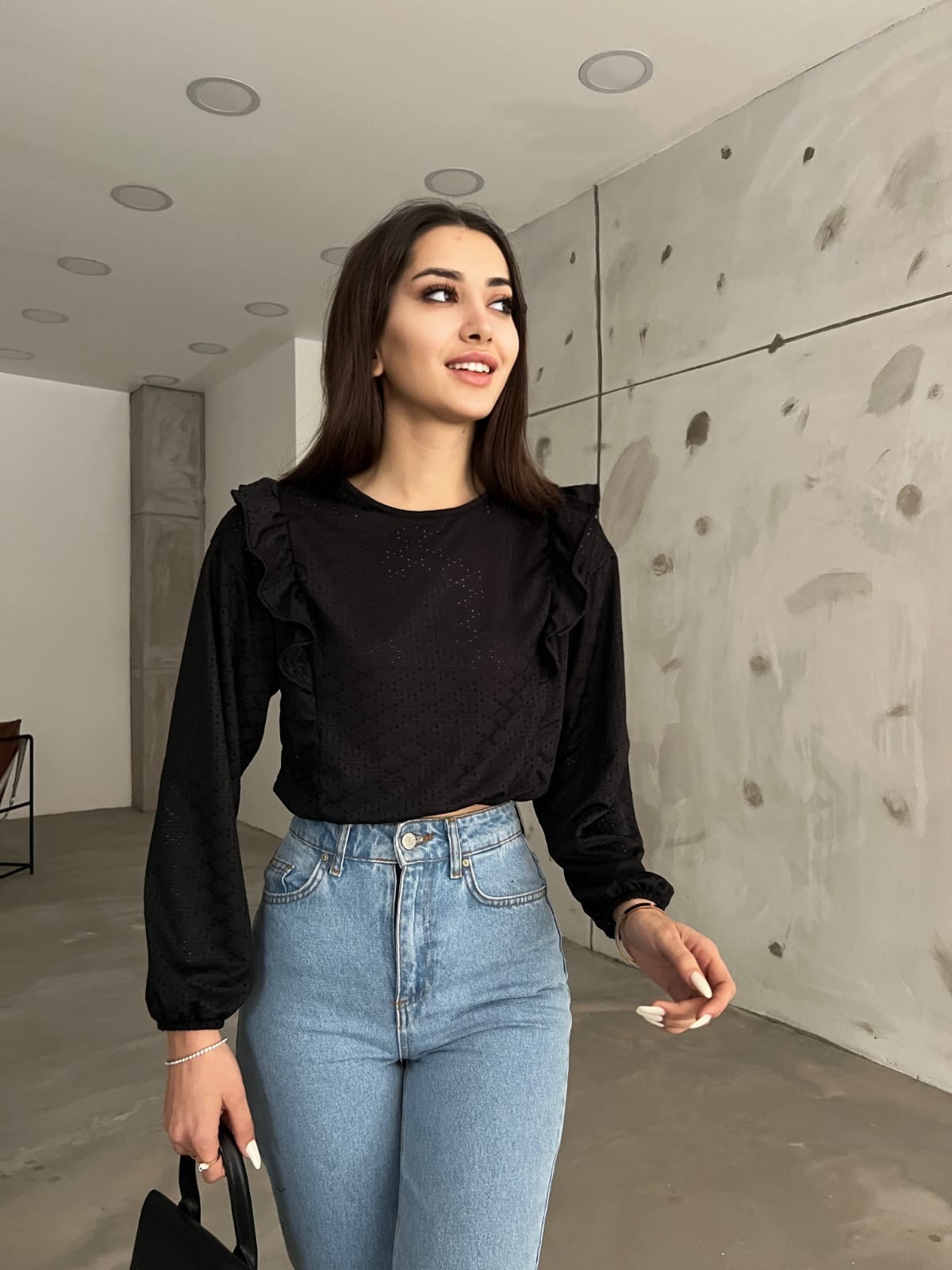 Fırfır Detaylı Baklava Desenli Beli Lastikli Crop Bluz