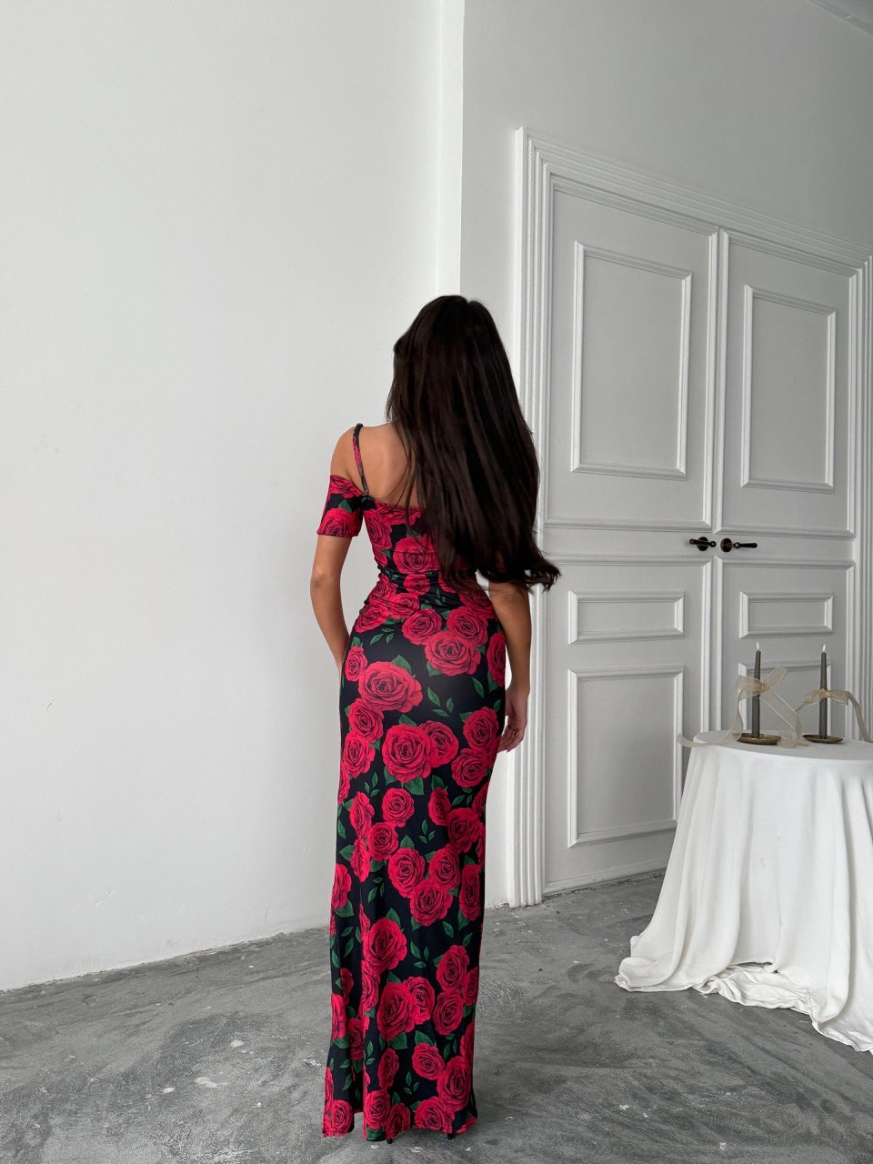 Dijital Baskı Gül Detaylı Maxi Boy Elbise