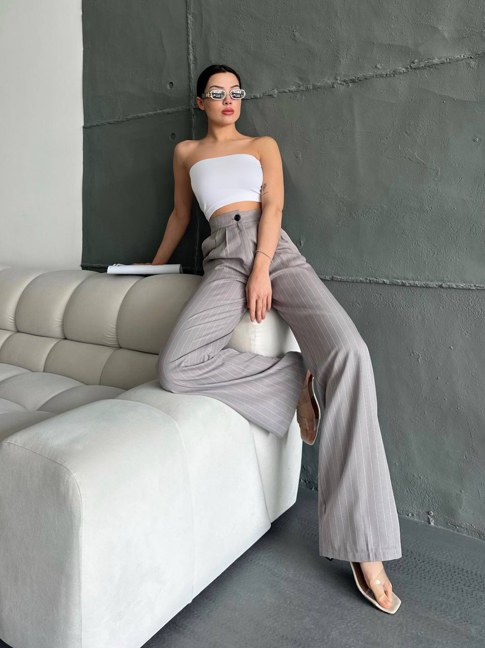 Çizgili Valensiya Detay Salaş Pantalon - Gri