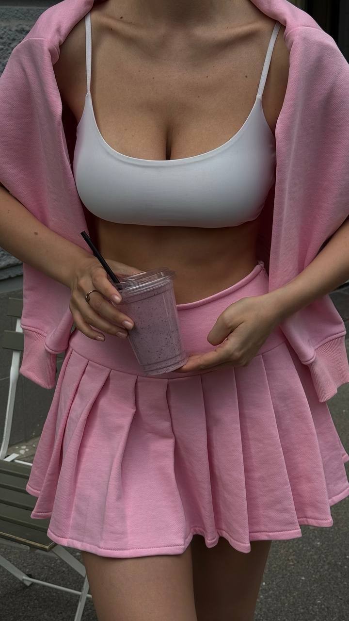 Şortlu Üç İplik Pamuk Kumaş Etek Takım - Pembe
