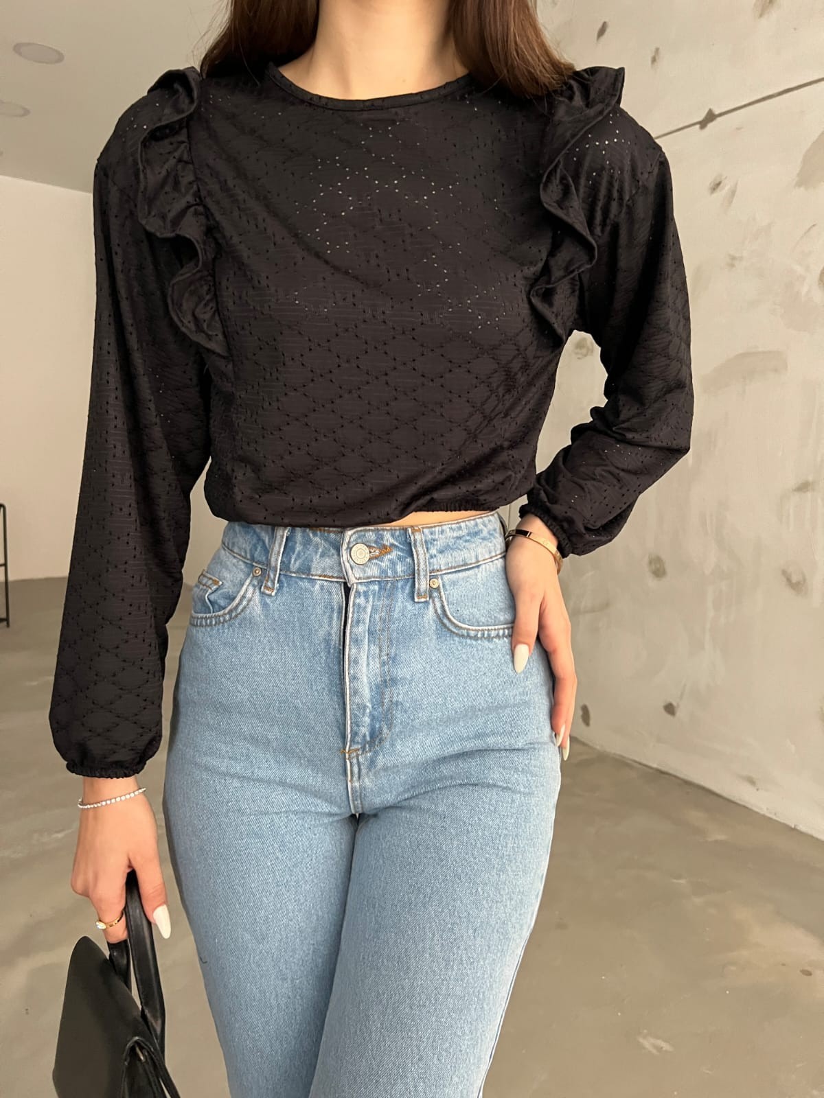 Fırfır Detaylı Baklava Desenli Beli Lastikli Crop Bluz