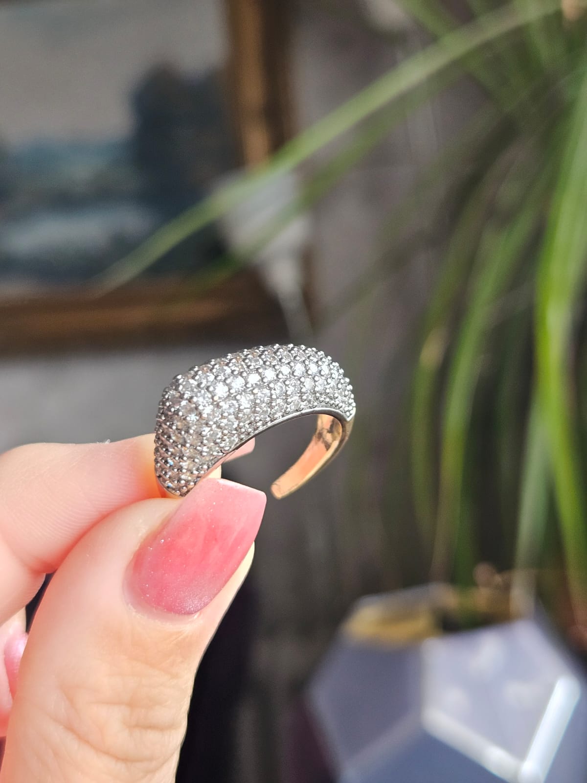 Slowshe-14K Altın Kaplama Zirkon Taşlı Asimetrik Yüzük